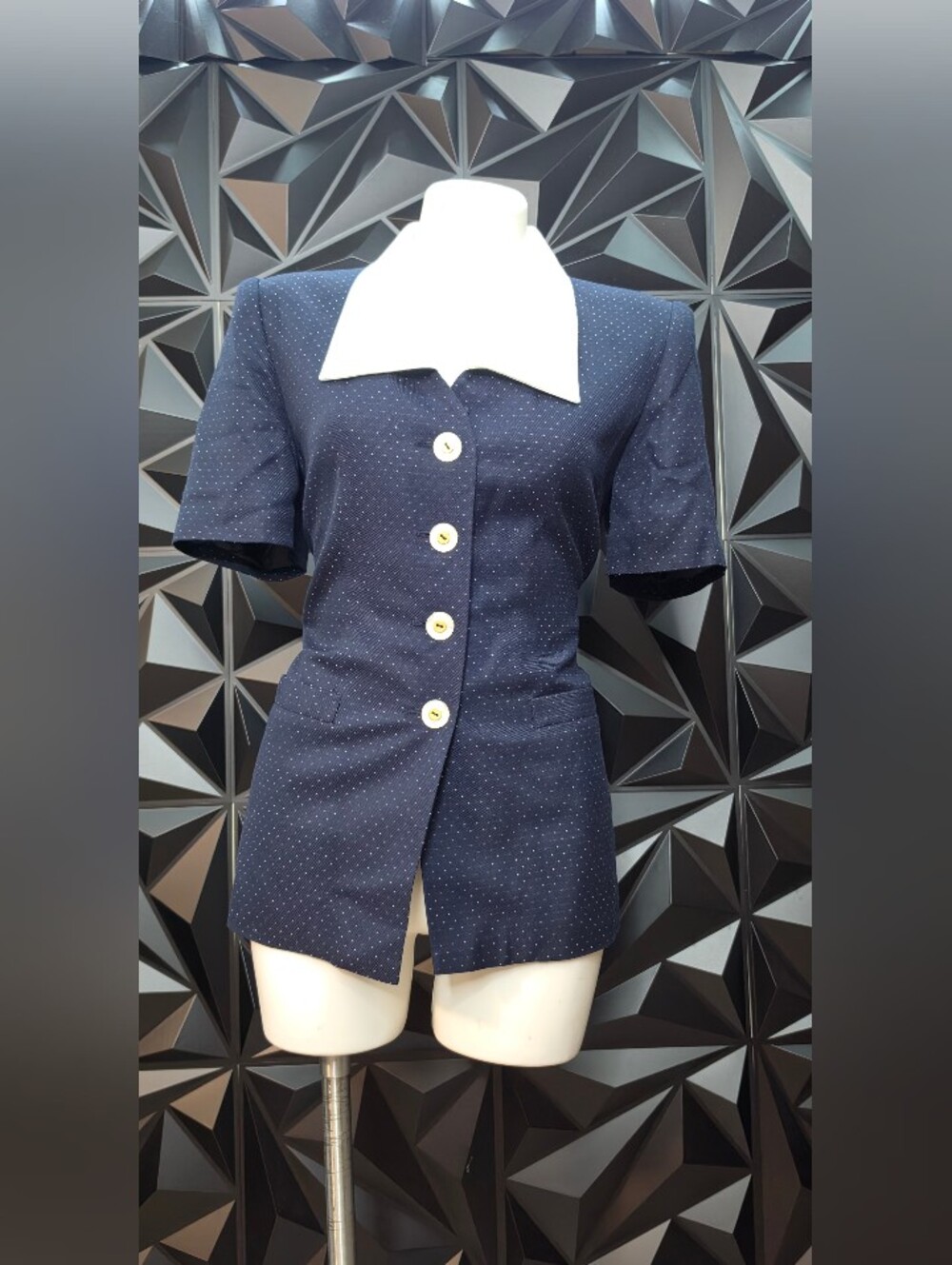 Kasper Navy Polka Dot Short-Sleeve Blazer with White Collar